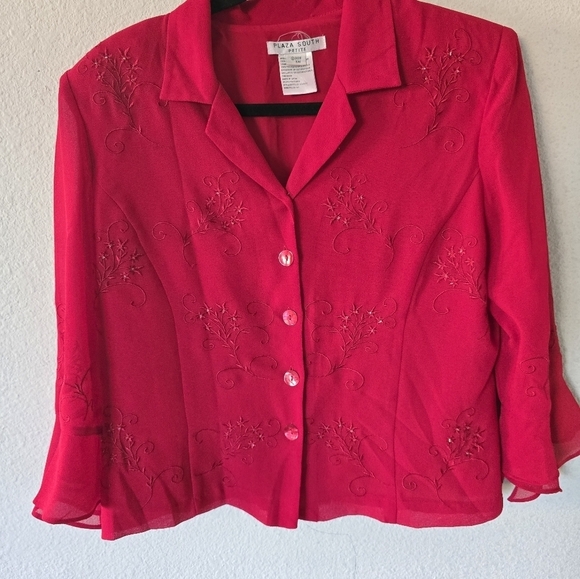 Plaza South Blazer Jacket Women Sz P14 Red Embroidered Flare Sleeves Button Up - Picture 3 of 13